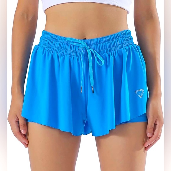 Luogongzi 2 in 1 Flowy Running Shorts Womens Large Blue Training Gym Dance NWOT - Picture 1 of 6